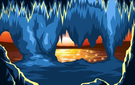 landscape of cave at the sea in morningのイラスト素材