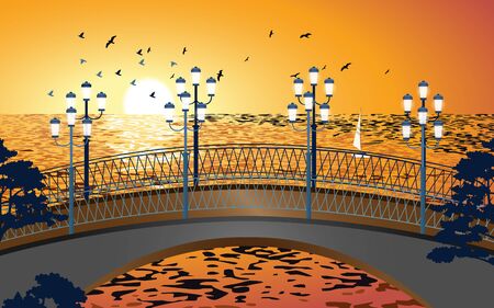 landscape of the bridge at the beach in sunsetのイラスト素材