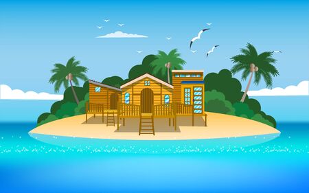 landscape of wooden house on the the in the islandのイラスト素材