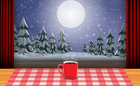 hot coffee cup on table at the glass window in the winterのイラスト素材