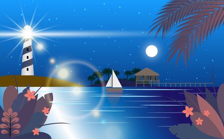 light of lighthouse on the island in the nightのイラスト素材