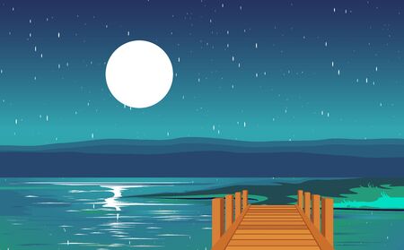 landscape of wooden walkway at the river in full moon nightのイラスト素材