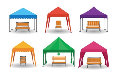 lawn chair in the colorful tents on the white backgroundのイラスト素材