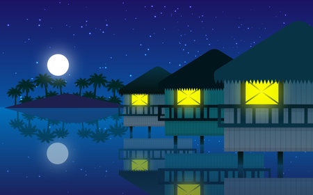landscape of bungalows on the beach in the ocean in nightのイラスト素材