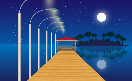 landscape of wooden gazebo at the beach in the nightのイラスト素材