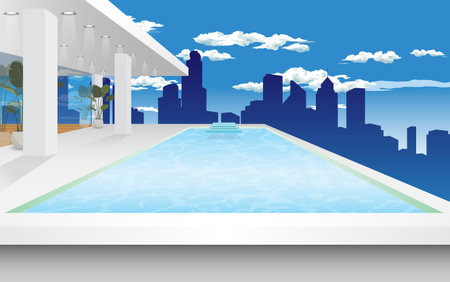 Ilustración de view of swimming pool on the building in the city - Imagen libre de derechos