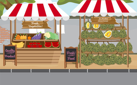durian and fruit on the outdoor marketのイラスト素材