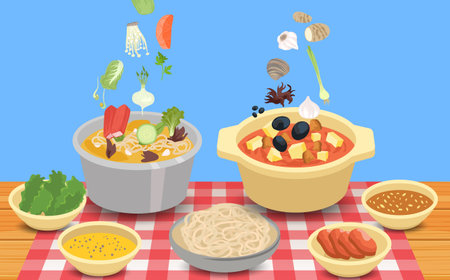 hotpot and ingredients on the wooden tableのイラスト素材