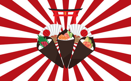 Temaki sushi on the japan backgroundのイラスト素材