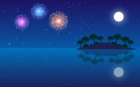 colorful firework at the beach in the nightのイラスト素材