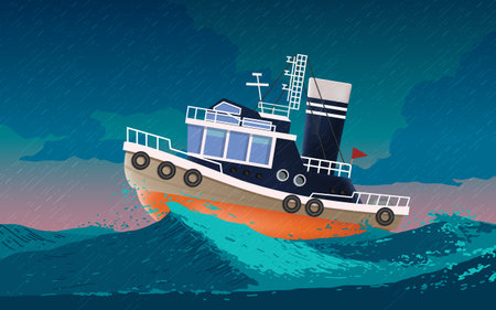 ship on the water in the ocean in rain dayのイラスト素材