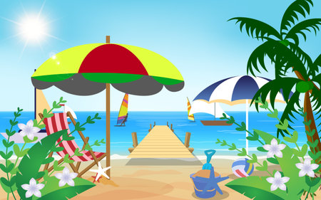 chair and umbrella on the beach in summerのイラスト素材