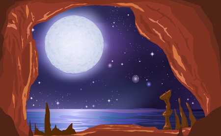 landscape of cave inthe ocean in the nightのイラスト素材