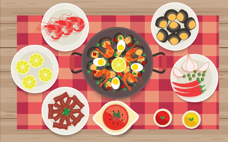 pealla and ingredients on the wooden tableのイラスト素材