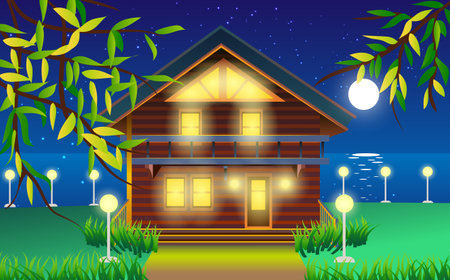 landscape of wooden house at the beach in the full moon nightのイラスト素材