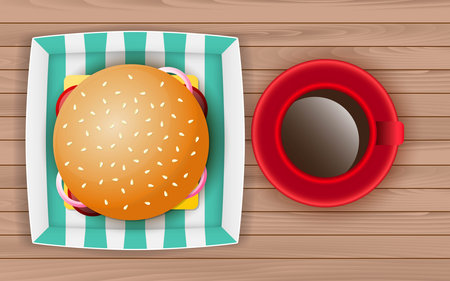 burger and red coffee cup on the wooden tableのイラスト素材