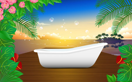 bathtub on the wooden floor in resort on the beachのイラスト素材