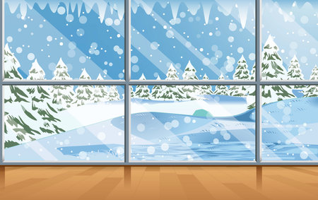 landscape of snow forest at glass window in the houseのイラスト素材