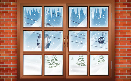 landscape of snowing at the wooden windowのイラスト素材