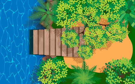 view of wooden bridge at the river in forestのイラスト素材