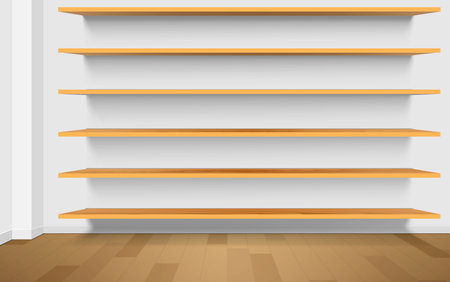 wooden shelf on the wall in the white roomのイラスト素材