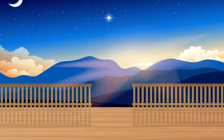 landscape of wooden wooden walkway on the mountain in the morningのイラスト素材