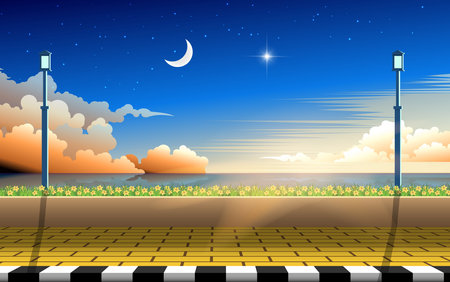 view of walkway on the beach in the morningのイラスト素材