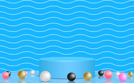 blue podium with colorful pearls background