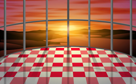 landscape of the river in morning at the glass windows on the buildingのイラスト素材