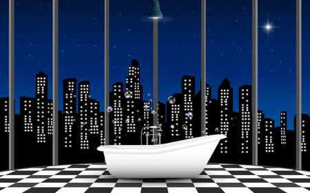 bathtub in bathroom with city background in nightのイラスト素材