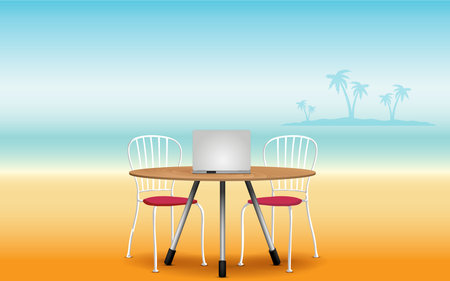 labtop on the wooden table and chair on the beachのイラスト素材