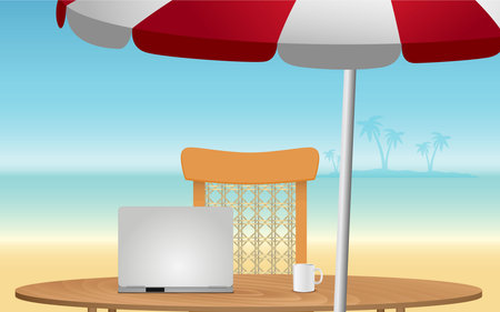 labtop on the wooden table and chair on the beachのイラスト素材