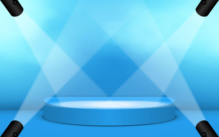 blue podium with spotlight and smoke in the studio roomのイラスト素材