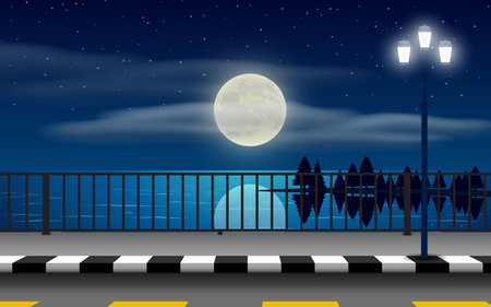 landscape of road on the beach in full moon nightのイラスト素材