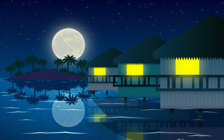 landscape of bungalow at the beach in the nightのイラスト素材