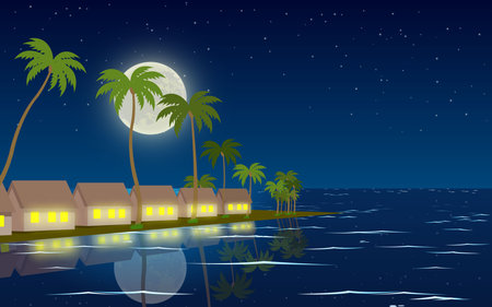Landscape of bungaloes at the beach in the nightのイラスト素材