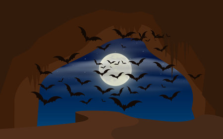 bats in the cave in full moon nightのイラスト素材