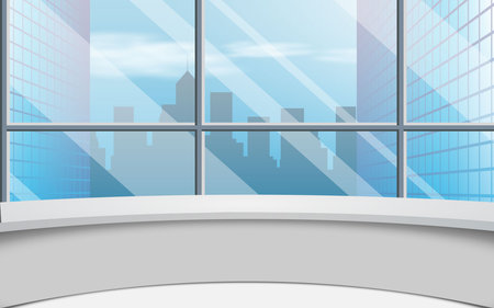 white table in a news studio room with city in the day timeのイラスト素材