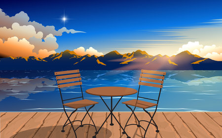 outdoor cafe at the beach in the morningのイラスト素材