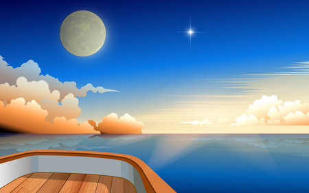 view of moon and sunrise in the morning in the ocean on wooden boatのイラスト素材