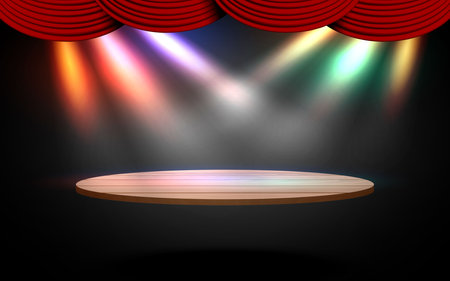 wooden podium with colorful spotlight in the studio roomのイラスト素材