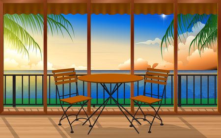 wood table and chair in wooden bungalow on the beach in the morningのイラスト素材
