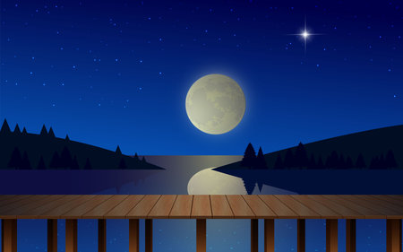 landscape of wooden bridge on the beach in full moon nightのイラスト素材