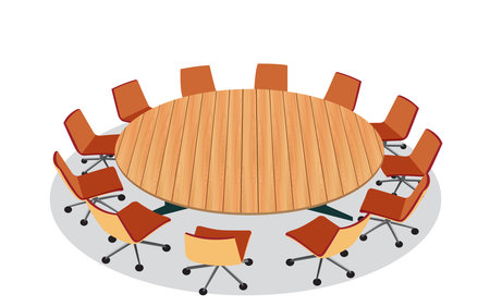 wooden round conference table and chairs on the white backgroundのイラスト素材