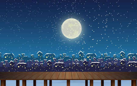 landscape of city at wooden bridge in the night in winterのイラスト素材