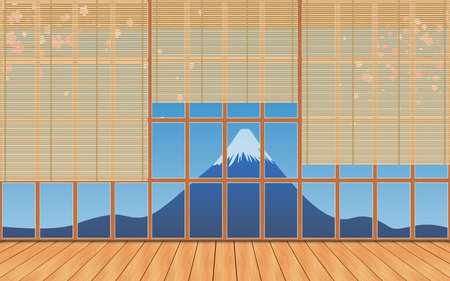 indoor wooden house with fuji mountain background in japanの写真素材