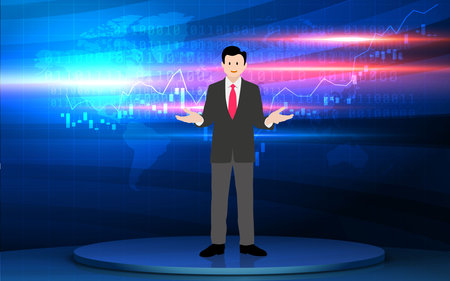 broadcaster on the blue stand with lcd background in the the news studio roomのイラスト素材