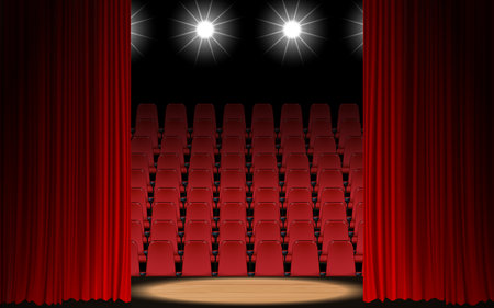spotlight and red curtain on the wooden stage in the hallのイラスト素材
