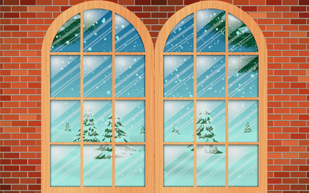 landscape of snowing at the wooden windowのイラスト素材