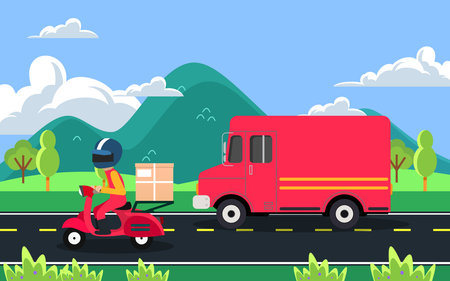 delivery motorcycle and truck derivery on the road with landscape of mountain backgrondのイラスト素材